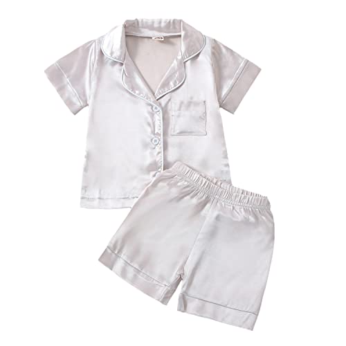 2-Piece Toddler Girl Silk Pajamas Set Cow Print Short Sleeve Button-Up Shirt and Shorts Satin Summer Pajamas