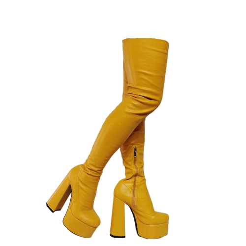 Frankie Hsu Punk Platform Chunky Over The Knee Boots, Gogo Deep Yellow Loli Colorful Thigh High Style, Large Big Size Fashion Cool Lovely Cute Goth Heeled Long Tall Shoes For Women