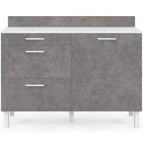 Buffet bas casserolier de cuisine 120 cm CINA plan de travail H.83 cm 1 porte + 3 tiroirs et effet béton - vue 4