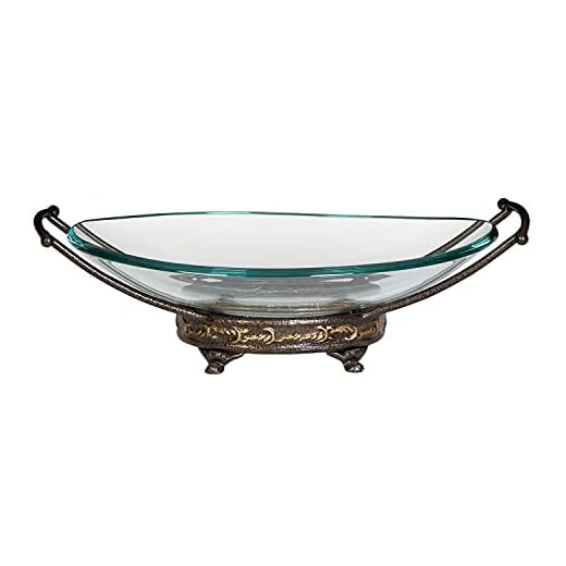 Deco 79 Tempered Glass Kitchen Serving Bowl with Brown Metal Base, 17" x 11" x 5", Clear