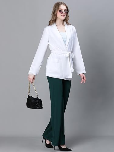 Image of oxolloxo Women Soild Open V-Neck Belted Long Sleeve Blazer Jacket