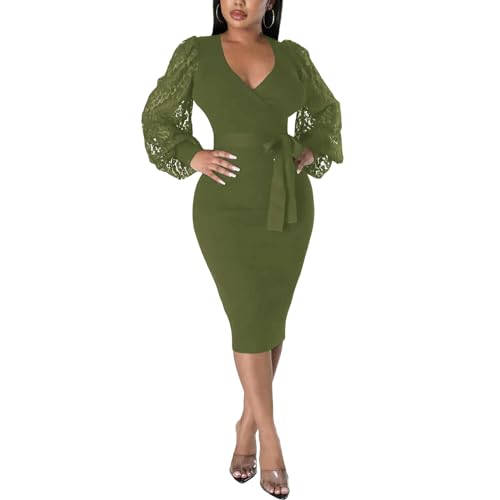 Image of BOGURST Semi Formal Church Dresses for Women Bishop Sleeve Sexy V Neck Bodycon Midi Dresses