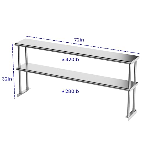 Image of Double Overshelf of Stainless Steel 12'' x 72'', Commercial 2 Tier Shelf for Prep & Work Table in Restaurant, Home and Kitchen (12x72)