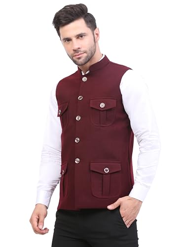 Image of FH Wearza Polywool tweed Solid multipocket Sleeveles Nehru Jacket For Men
