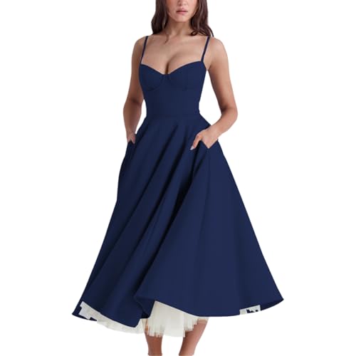TDHLW Midi Korsett Kleid für Damen, Sexy Spaghettiträger Bustier Cocktail Ballkleid, ärmelloses Ballkleid mit Taschen,Navy Blue,M