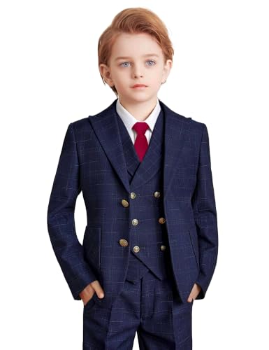 Boys Formal Suit Slim Fit Tuxedo Ring Bearer Outfit Navy Blue Plaid Size 10 - image 1