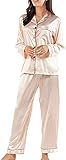 Nofaner Damen Seidensatin Pyjamas, Weiche Button Down Langarm Loungewear Nachtwsche Lange Seidenhnliche Pyjamas 2-teiliges Pyjama-Set S-XL