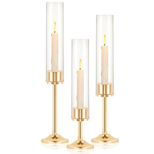 Kehail Glass Hurricane Candle Holder for Taper Candles 3 Pcs Candlestick Holders (13