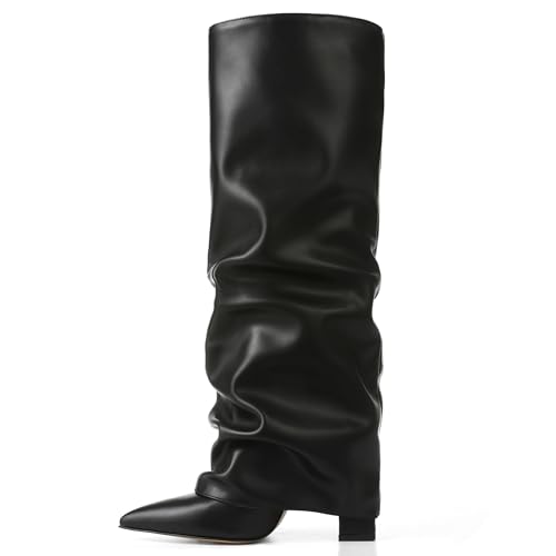 Image of Synchoiss Women's Wide Calf Knee High Block Heel Boots | Synthetic Leather Fold Over Tall Boots, 10cm Block Heel,Slip On, Non-Slip Rubber Sole for Fall Party Daily Wear