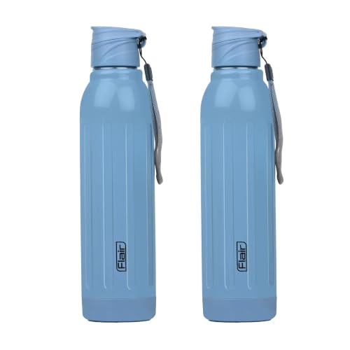 Image of FLAIR Arrow 900 Stainless Steel Water Bottle Set of 2 (650 ml Each), Blue, Hot & Cold, Leakproof, BPA-Free, ISI Certified, Stainless Steel Bottle for Office, Gym, Travel, Trekking & Outdoor Sports