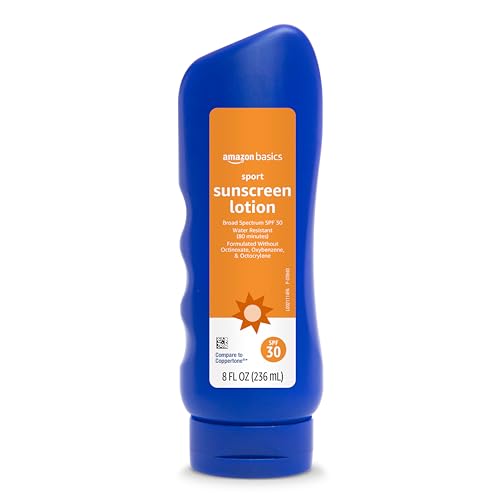Amazon Basics Sport Sunscreen Lotion SPF 30, Water Resistant (80min), Formulated without Octinoxate & Oxybenzone, Broad Spectrum UVA/UVB Protection, 8 Fluid Ounce