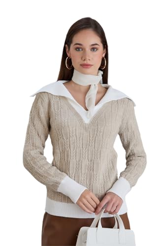 Image of Sweaters for Women Fashion Long Sleeve Lapel Collar V Neck Casual Knit Color Block Pullover Sweater