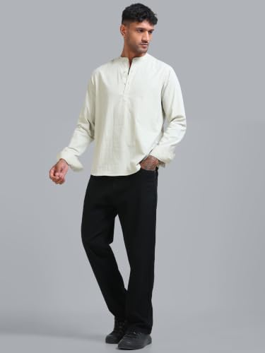 Image of StitchX Men's Seersucker Band Collar Pure Cotton Striped Kurta Shirt-S-2XL