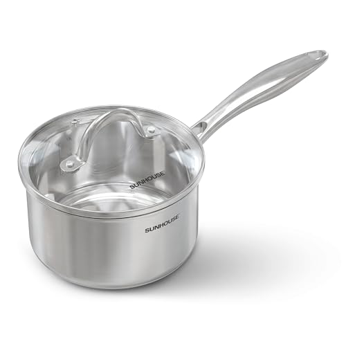 Image of SUNHOUSE 3 QT Sauce Pan with Lid, Full Clad 3-Ply Stainless Steel Saucepan | Small Cooking Pot & Milk Pan - Induction Compatible - PFOA Free, Oven & Dishwasher Safe, Stay-Cool Handle