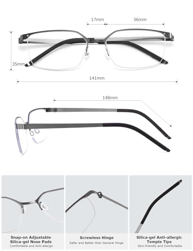 Image of ZanyLen Superlight Titanium Blue Light Blocking Glasses Stylish Semi-rimless Rectangle Computer Gaming Eyeglasses (Gunmetal)