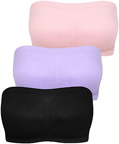 PP PLUIE POURPRE Women Bandeau Bra Beauty Back Stretchy Strapless Bra Bralette with Padded for Women Girls (Black+Purple+Pink, Large)