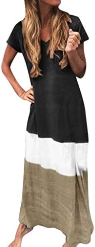 2019 New Womens Casual Breathable Loose Soft Long Dress,Outdoor Tie-Dyed Block Loose V Neck Short Sleeve Maxi Linen Dress