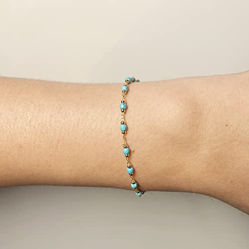 Image of Womens Dainty Gold Chain Bracelet,Simple Layered Chain Bracelets,Beaded Turquoise Bracelet,Charm Crystal Bar,Heart,Karma,Triangle,Pearl Bracelets for Women