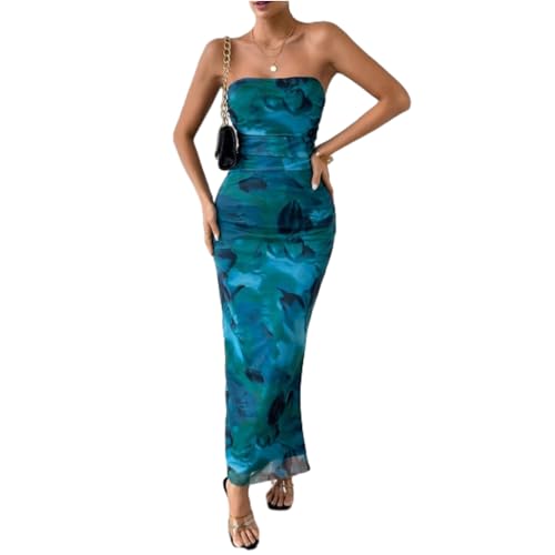 Image of LIGHT DOT Women's Summer Dress Printed Strapless Tube Bodycon Maxi Side Slit Mesh Layered
