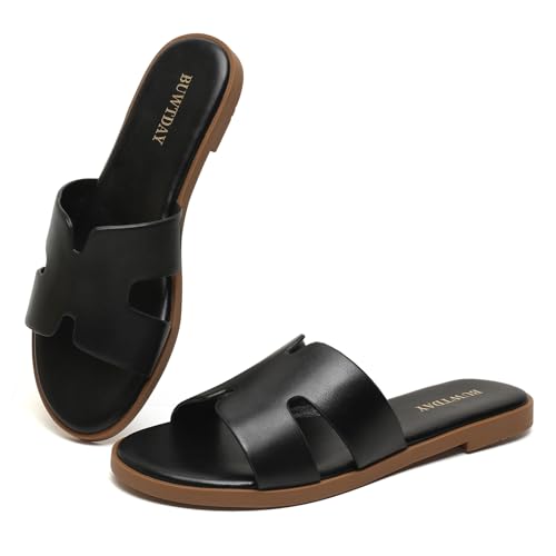 Image of Womens Flat Sandals Dressy Summer Slides Comfortable Casual Open Toe Vacation Sandals Slip On Slides Leather Sandals for Women
