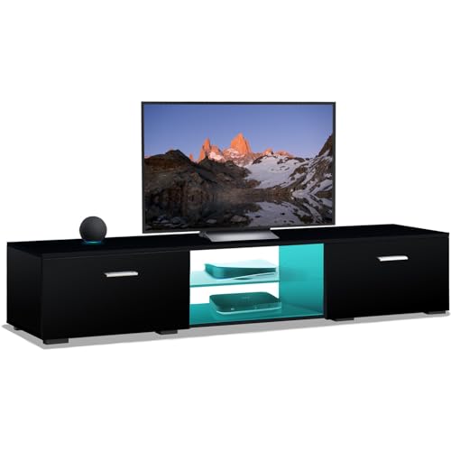 MDA Designs AVIOR Black with Gloss Black Doors Modern TV Cabinet for Flat TV Screens of up to 75 Entertainment Unit with LED Lights