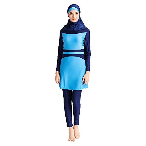 OWN4B Plus Size Burkini Swimsuits for Women with Hijab Full Coverage with Chest Pads Muslim Islamic Modest Blue Cover