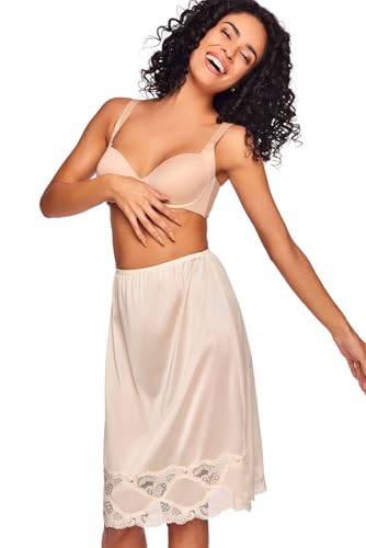 Ilusion 1017 - Women’s Slip Skirt - Satin Finish, Anti-Static Fabric, Loose Fit, Lace Trim Underskirt - (Beige, XLarge 24 in.)