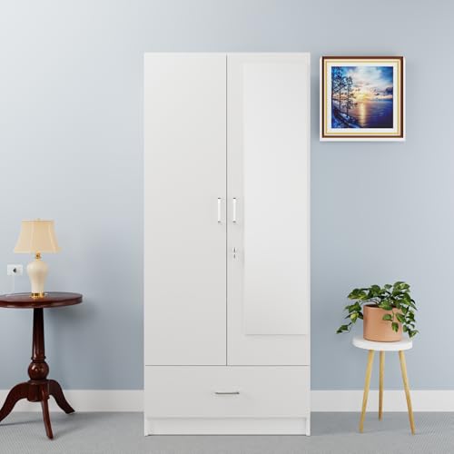 Image of VIKI Wardrobe | Wooden Almirah for 2 Door Wardrobe with 1 Drawer & Hanging Space with Mirror (Frosty White - 40D x 80W x 180.8H) | 1 Year Warranty | Free Assembly