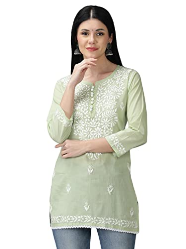 Image of Seva Chikan Hand Embroidered Lucknowi Chikankari Cotton Short Top Tunic for Women SCL9017