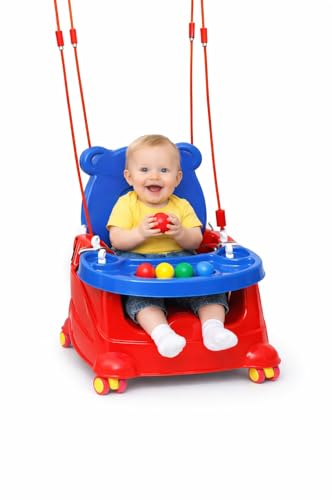 Image of 6-in-1 Multipurpose Baby Booster Seat Cum Hanging Swing Seat | Toddler Plastic Chair with Backrest & Safety Support | Feeding Seat with Long Ropes & Hooks for Boys & Girls (1-3 Years) (Red /Blue-Wheel)