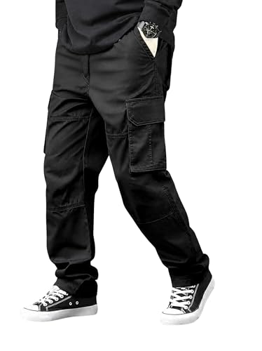 Image of Men's Cotton Cargo Pants for Men | Relaxed Loose Fit Drawstring Waist Cargo Trousers | Multi Pocket Casual Utility Pants for Outdoor, Travel
