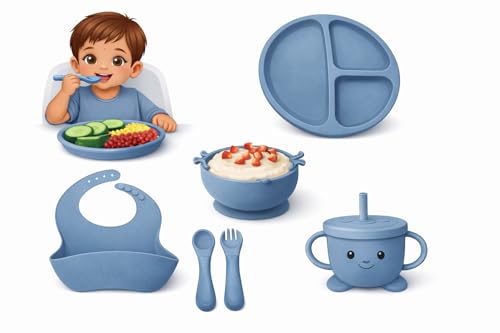 Image of SJC Global - 6 PCS (Blue) Silicone Toddler Adjustable Tableware Set | Suction Bowl, Plate, Spoon, Fork, Bib & Cup for Babies | Silicone Baby Feeding Kit for Infants | BPA Free Food Grade