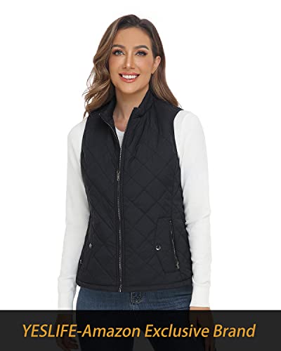Yeslife Bluish Black Women's Outwear Quilted Vest With One Inside Pocket, Stand Collar Lightweight Padded Gilet For Women M #TOP4