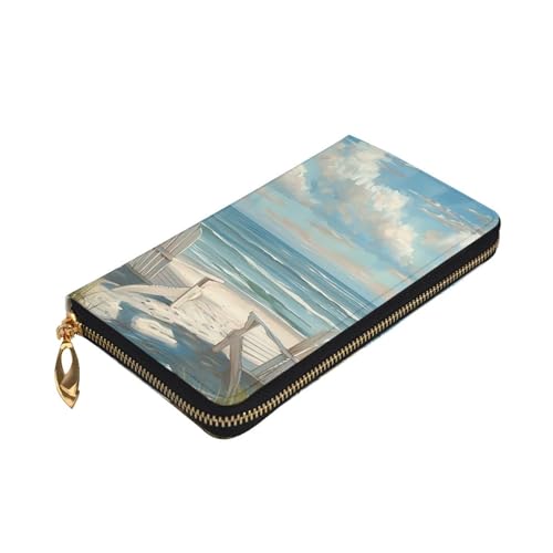 Women's Leather Wallet - beach scene with chairs Prints Coin Purse Travel Card Holder Zipper Purse Cell Phone Handbag3