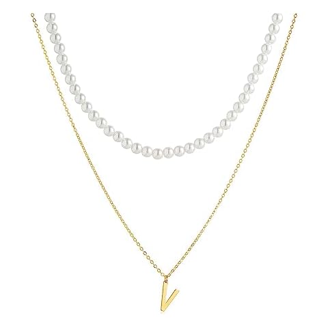 S.J JEWELRY Initial Pearl Necklace for Women 14K Gold Plated Letter Alphabet 26 A-Z Pendant Necklace Dainty Pearl Choker Necklaces Handmade Jewelry-V Cover