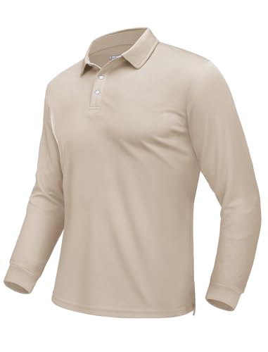 EKLENTSON Polo Shirts for Men Long Sleeve Golf Casual T Shirts Lightweight Work Military Tactical Clothing Quick Dry Polyester Sports Tops Khaki,XL