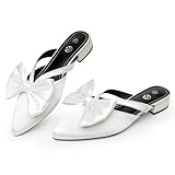 Rekayla White Mules for Woman Pointed Toe White Flats Bow Knot Closed Toe Womens Mules Comfortable Women Dress Shoes Silky Mule Low Heels Slip on Backless Loafer for Casual Work Office Summer Size 8