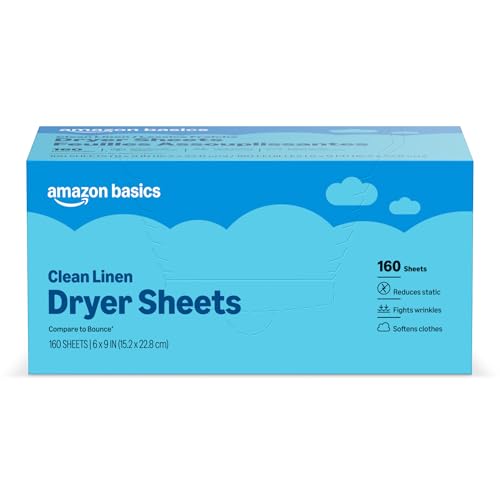 Amazon Basics Dryer Sheets, Clean Linen Scent, Laundry Fabric Softener, 160 Sheets