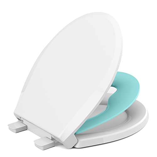 Image of Toilet seat with toddler seat built in, Potty training toilet seat, Magnetic kids toilet seat, Fits both adult and child, Slow-Close, Toddler toilet seat attachment, ROUND, Heavy Duty,Aqua Blue(16.5”)