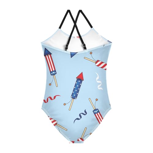 Girls One Piece Swimsuits Firecracker and Firework on Blue Sport Halter Swimwear Beach Bathing Suit,7-8T2