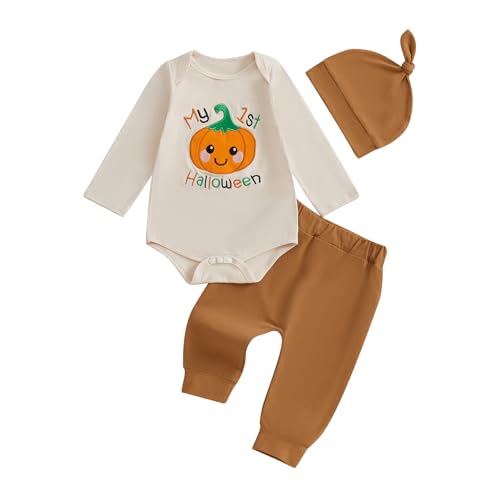Ursobutegl Newborn Baby Boy Girl My First Halloween Outfit Pumpkin Embroidery Romper Jumpsuit Bodysuit Pants Fall Clothes (Beige 3-6 Months)