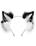 ZFKJERS Handmade Faux Fur Cat Ear Headband with Charms Adult Cosplay Accessory for Halloween (Black White)