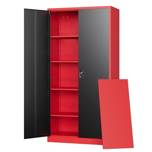 Image of Letaya Metal Storage Cabinets with Lock, 72 inch Tall Locker Organizer Steel Cabinets, Adjustable Layers Shelves 2 Doors for Home, Office, Warehouse,Garage(Black Red)