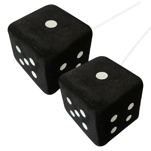 Fuzzy Dice für Autospiegel - 2 Stück Plüsch Hängewürfel (Schwarz) - Retro Square Car Decor mit weißen Punkten - Weiches Automobilzubehör für Rückspiegel