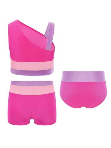 Mufeng Kids Girls 3Piece Sports Set Color Block Crop Top Shorts Briefs Set for Yoga Gymnastics Dance2