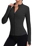 Rapbin Athletic Jacket Cropped Slim Fitted Yoga Golf Tops Running Gym Track Athletic Jacket with Thumb Holes (Black L)