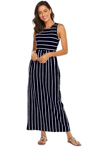 BDTECAOR Damen Sommer Floral Print Maxikleider Boho Strand Sonnenkleider mit Taschen Blume Dunkelblaue XL 4