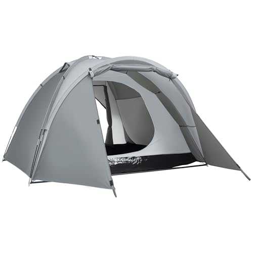 Outsunny Campingzelt für 2-3 Personen Glasfaser Tür mit Reißverschluss Meshfenster inkl. Transporttasche Kuppelzelt 190T Kunstleder2000mm Glasfaser Grau