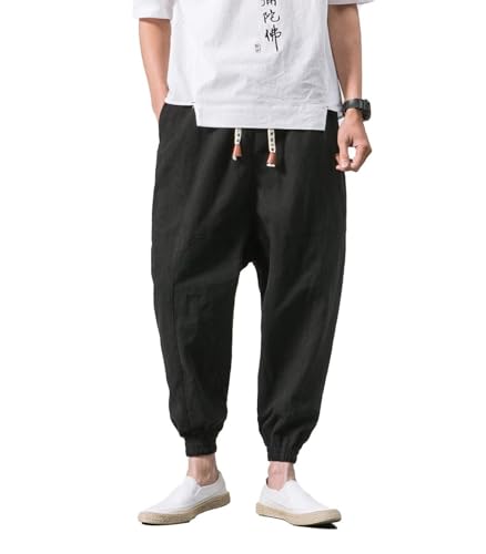 INVACHI Men's Baggy Harem Pants Japanese Linen Sweatpants Elastic Waist Hip Hop Joggers for Men3