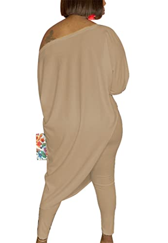 Wokanse Women Casual Solid 2 Piece Outfits Jumpsuits 3/4 Sleeve Irregular Top Bodycon Long Leg Pants Set Tracksuits Khaki L #TOP1